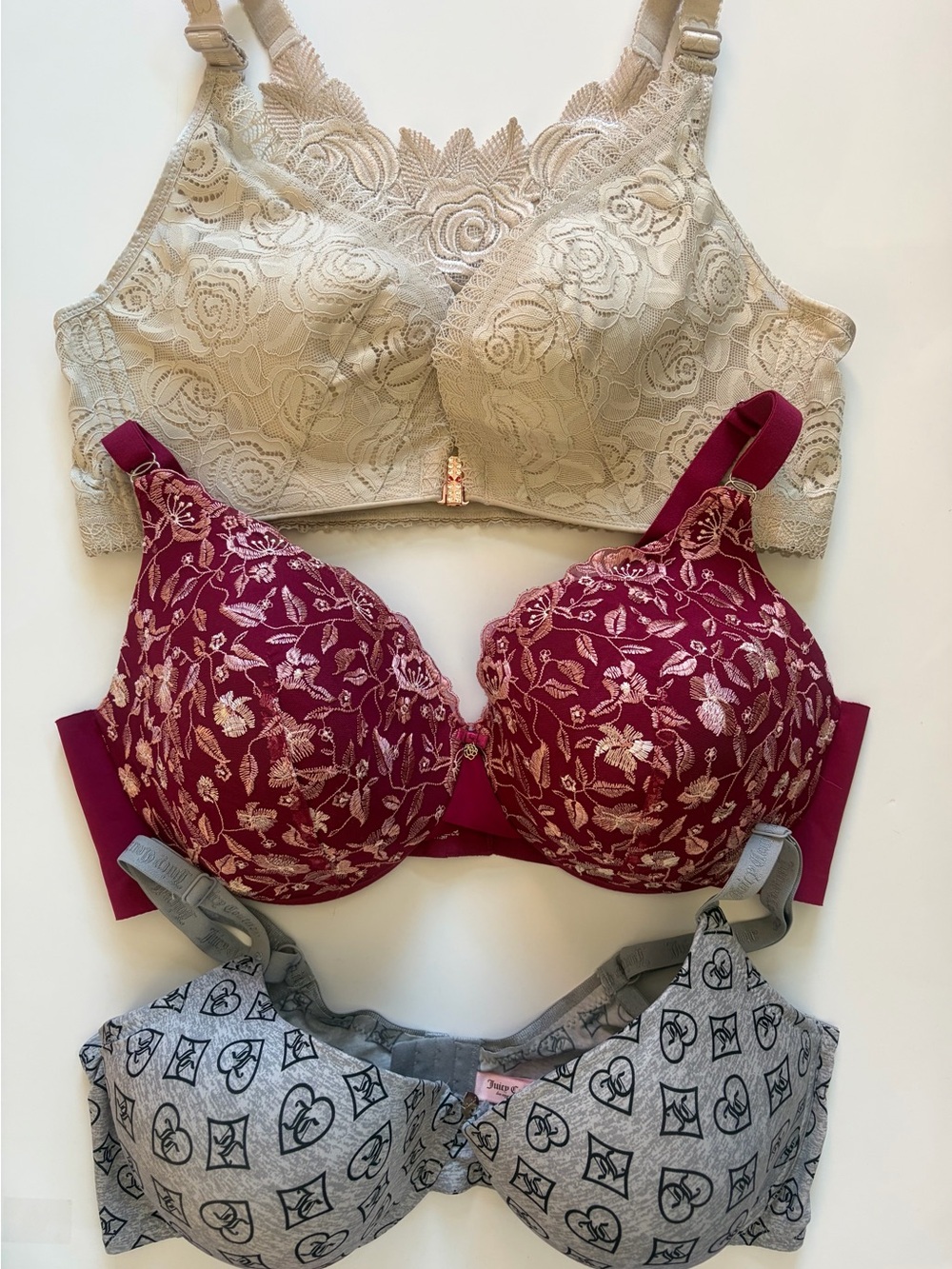 3 pack bundle Bra Set Women’s Lace & Embroidered Bras Beige, Wine, Gray size 42D